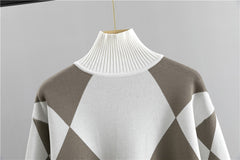 Women'S New Arrival Autumn/ Winter 2024 Casual Check Pattern Sweater Set - Style Trendy Two-Piece Outfit, Long Sleeve, Square Neck, Color Block, Drawstring, Pants, Casual Wear|Check Pattern Top|Drawstring Pants, Sweater Set