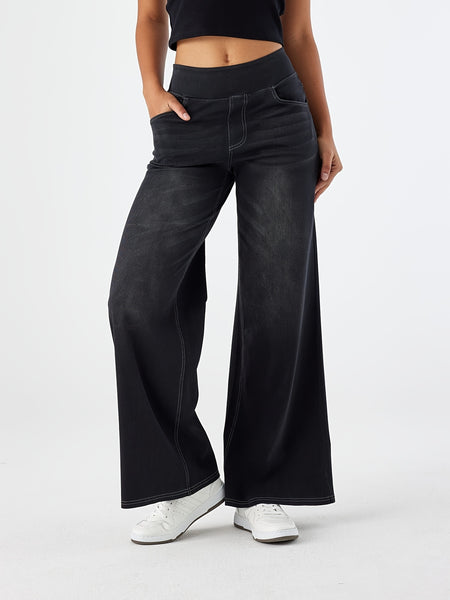 Women'S High-Waist Stretch Denim Wide-Leg Pants with Multiple Pockets, Distressed Vintage Casual Denim Long Pants