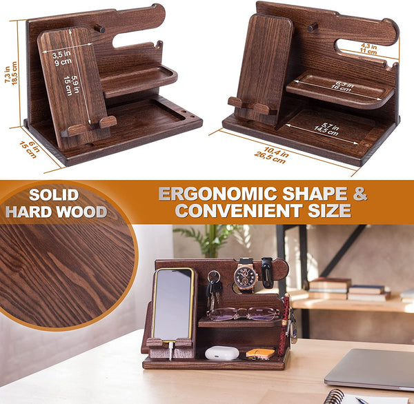 Gifts for Men Wood Phone Docking Station Desk Organizer Fathers Gifts Gifts for Him Xmas Gift Anniversary Birthday Presents Nightstand Key Wallet Stand for Men, Boyfriend, Dad (Brown)