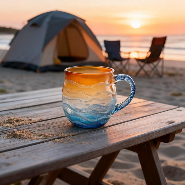 Sea Glass Wave Mug, 12oz Ocean Wave Glass Mug with Handle, Captivating Artistic Beach Sea Wave Coffee Cups Gift for Ocean Lovers, Drinking Coffee, Tea, Wine, Cocktails (Orange)