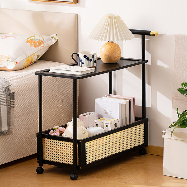 Movable sofa side table, large capacity, 50x30x70cm, double-layer design for living room and kitchen organization, versatile wicker-pattern storage basket, rolling side table, bedroom bedside storage side table, ideal for living rooms, bedrooms, and famil