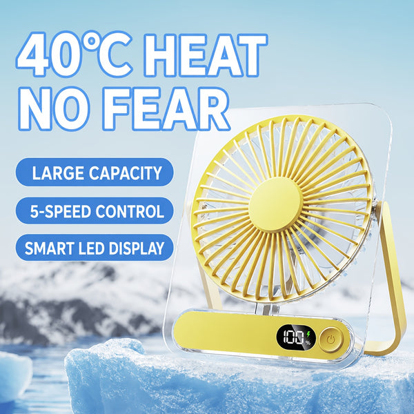 Portable USB Rechargeable Desk Fan with 5000mAh Battery - Ultra-Quiet 5-Speed Adjustable 180° Foldable Design, Digital Power Display, Acrylic Material for Home Office Travel, Versatile Cooling Device, Lightweight Cooling Fan-Gift