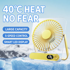 Portable USB Rechargeable Desk Fan with 5000mAh Battery - Ultra-Quiet 5-Speed Adjustable 180° Foldable Design, Digital Power Display, Acrylic Material for Home Office Travel, Versatile Cooling Device, Lightweight Cooling Fan-Gift