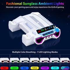 For Ps5/Slim/Pro Cooling Station And Controller Charging Station with RGB Stand for Playstation 5 Console - for PS5 Controller Charger, Cooling Stand Accessory Kit-Cooler Fan/Headset Holder/3 USB Hub, White