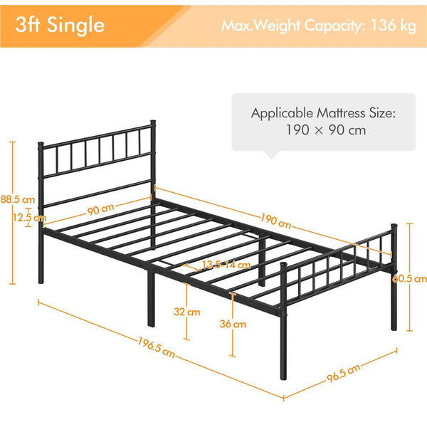 Costoffs Metal Bed Frame, Single/Double Size Bed Platform with Slatted Headboard and Footboard, Solid Slat Support, Large Storage Space, Easy Assembly Bed, Modern Mattress Foundation, Black/White/Pink/Silver