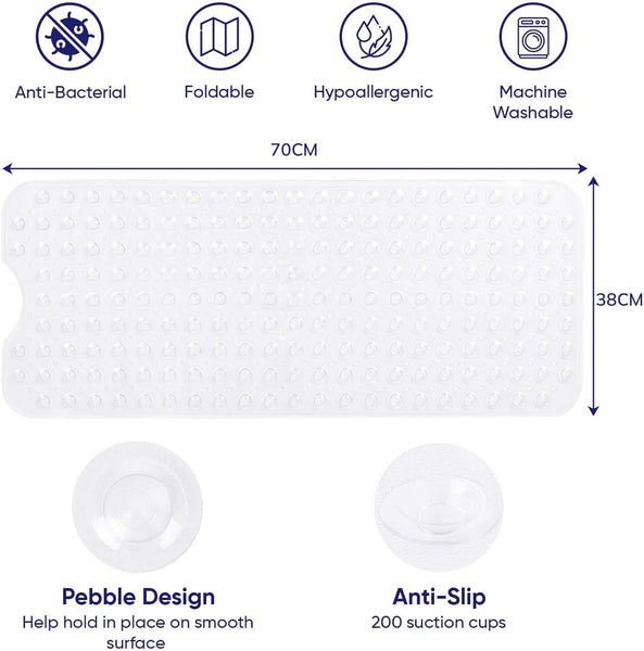 MOONLIGHT20015 Shower Bath Mat Non Slip anti Mould & Mildew with Strong Suction Cups Grip and Drain Holes Soft Rubber Shower Mats - PVC Bathroom Mat Machine Washable (70X38Cm, White)