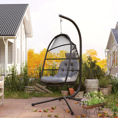 Rattan Hanging Egg Chair with Stand, Foldable Wicker Swing Egg Chair with Cushion, Head Pillow, Steel Frame, Hammock Chair for Indoor Outdoor, Capacity 150 kg, Dark Grey