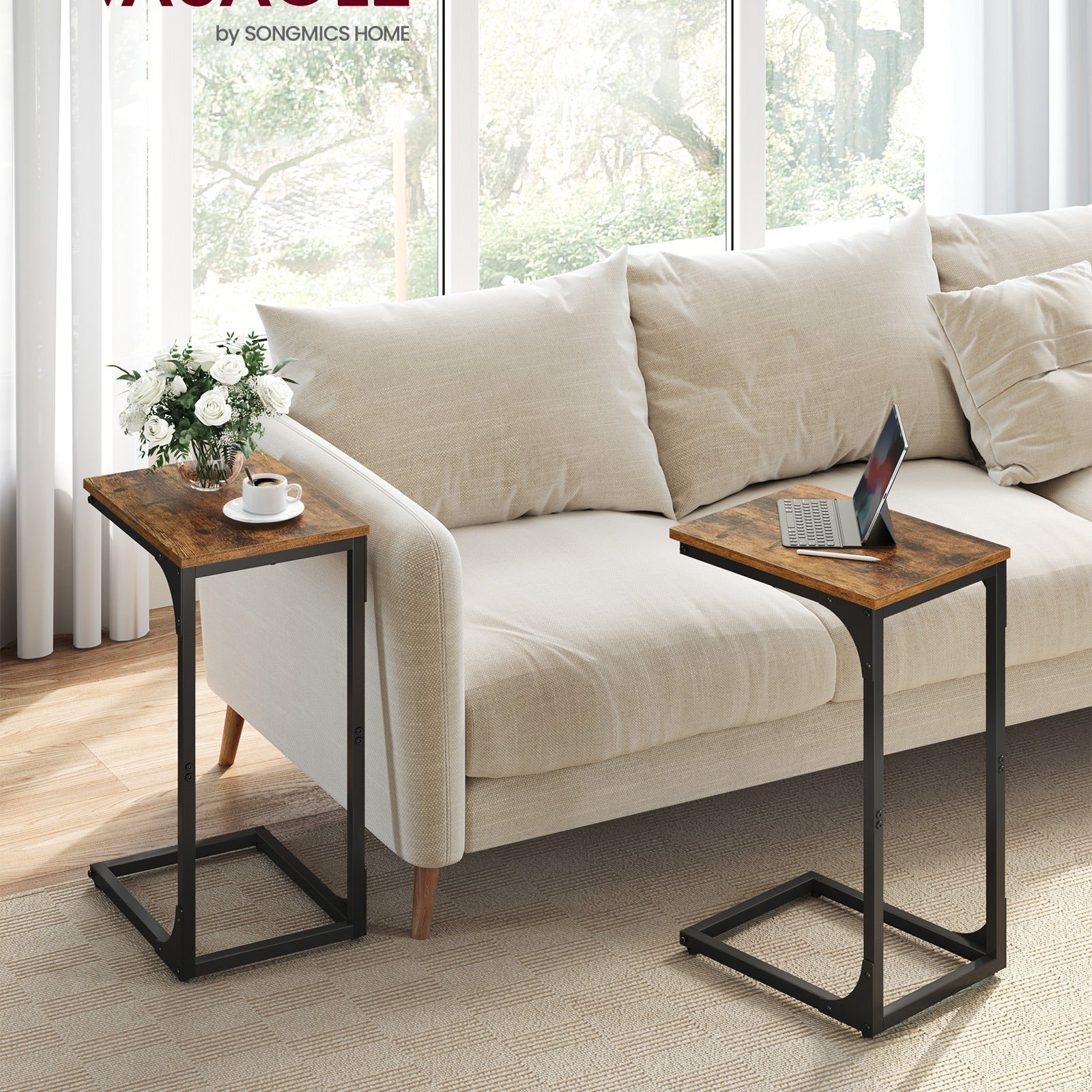 Set of 2 C-Shaped Side Table, Bedside Table, Sofa Side Table, Coffee Table, with Metal Frame, Industrial, for Living Room, Bedroom, Rustic Brown and Black