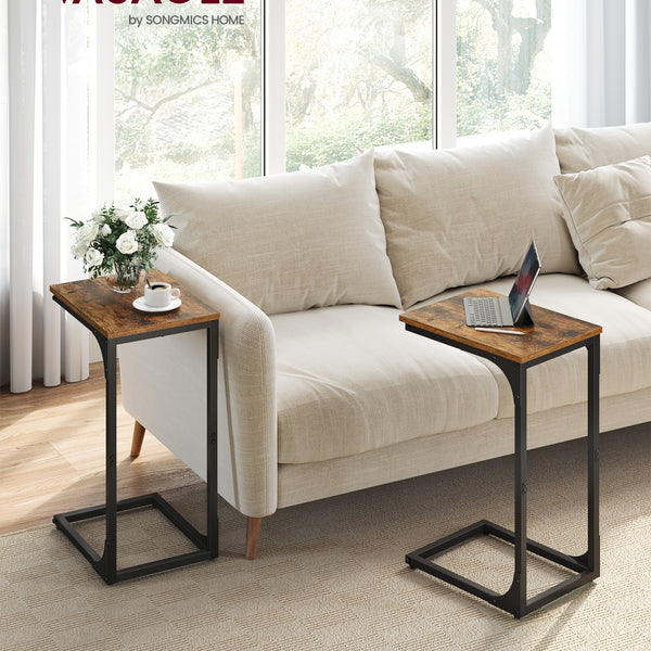 Set of 2 C-Shaped Side Table, Bedside Table, Sofa Side Table, Coffee Table, with Metal Frame, Industrial, for Living Room, Bedroom, Rustic Brown and Black