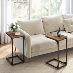 Set of 2 C-Shaped Side Table, Bedside Table, Sofa Side Table, Coffee Table, with Metal Frame, Industrial, for Living Room, Bedroom, Rustic Brown and Black