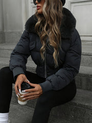 Winter Women's Short Cropped Puffer Jacket with Thickened Winter Coat - Elegant Long-Sleeve Zippered Outerwear, Lined Collar & Waist Pockets, Machine Washable for Casual Winter Wear, Everyday Outfits & Light Outdoor