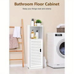 Bathroom Storage Cabinet | White Wood-Plastic Freestanding Organizer | 3-Tier with Slatted Doors & Open Shelf | Space-Saving Design for Bathroom, Kitchen, Bedroom | Modern Minimalist Style, Versatile Cabinet | Slatted Door Design | Woodplastic Material, B