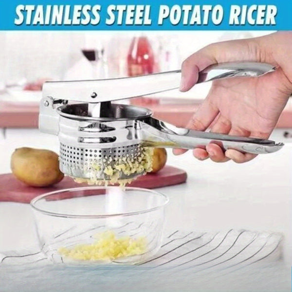 Heavy Duty Stainless Steel Potato Masher, Ricer, Juicer & Vegetable Fruit Press - Commercial & Home Kitchen Use - with Sharp Blades for Potatoes, Carrots, Apples, - Easy-Clean Design - Ideal for Restaurants, Catering, Households -