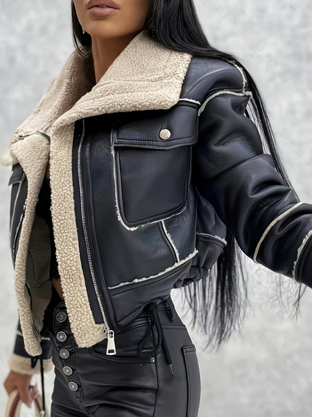 Women'S Autumn And Winter Lamb Casual Jacket, Motorcycle Style Flap Pocket Warm Coat, Drawstring Hem