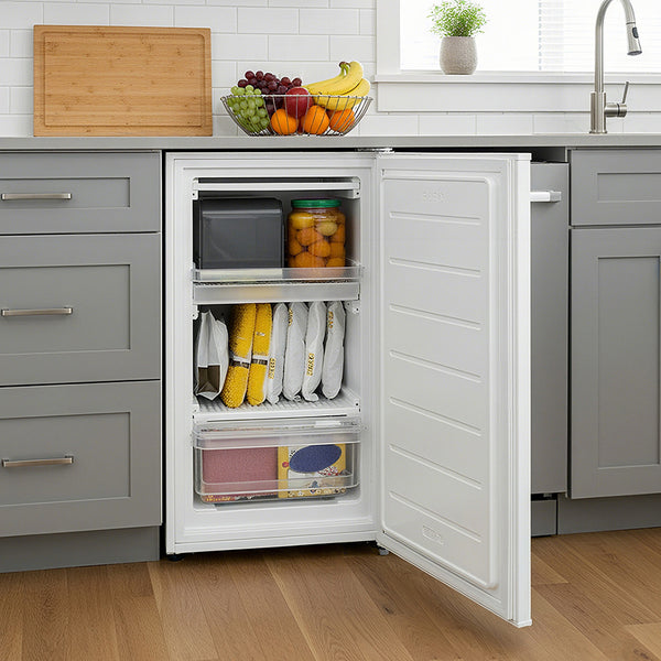 COMFEE' 60 Litre Upright Under Counter Freezer, 48cm Freestanding Freezer - Adjustable Thermostat & Reversible Door for Flexible Installation - 4-Star Freezer Rating Performance in Energy Saving, White Design (Energy E) - Ideal for Small Kitchens, Restaur