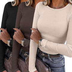 Circle Direction - 3pcs Spring/Autumn New Solid Color Round Neck Long Sleeve Loose Casual Women's T-Shirt, Machine Washable for Daily and Home Use