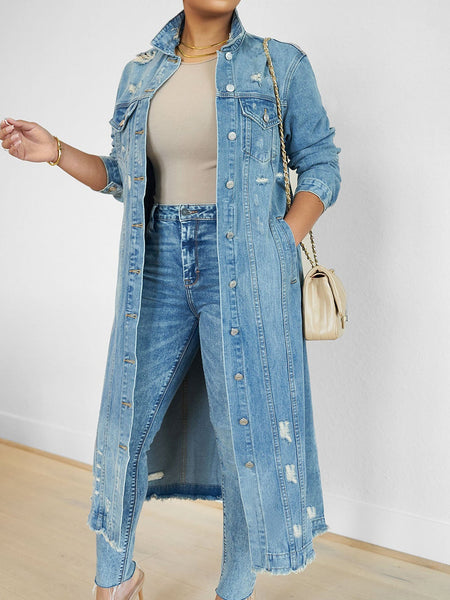 New Style Ripped Denim Jacket with Genuine Pockets - Long Women's Denim Jacket