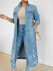 New Style Ripped Denim Jacket with Genuine Pockets - Long Women's Denim Jacket