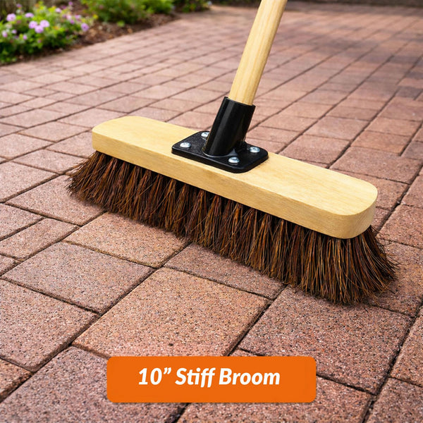 10' Outdoor Yard Broom Stiff Bristle Sweeping Brush with Strong Wooden Handle and Support Bracket for Cleaning Patio Driveway Garden and Yard Areas