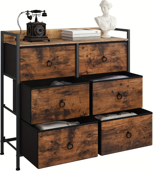 1pc Chest of Drawers, Cabinet with 6 Fabric Drawers, Storage Cabinet Sideboard for Bedroom Living Room Hallway, Metal Frame, Industrial Style