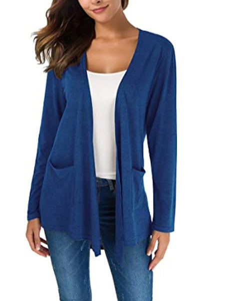 Women Simple Style Cardigan, Solid Color Long Sleeve Knitwear with Pockets, S/ M/ L/ XL/ XXL