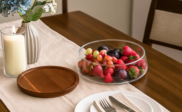 Glass Fruit Bowl with Wooden Lid, Decorative Serving Bowl with Acacia Tray Cover – Large Clear Storage Bowl for Fruit, Snacks, Sweets, Salad or Table Display
