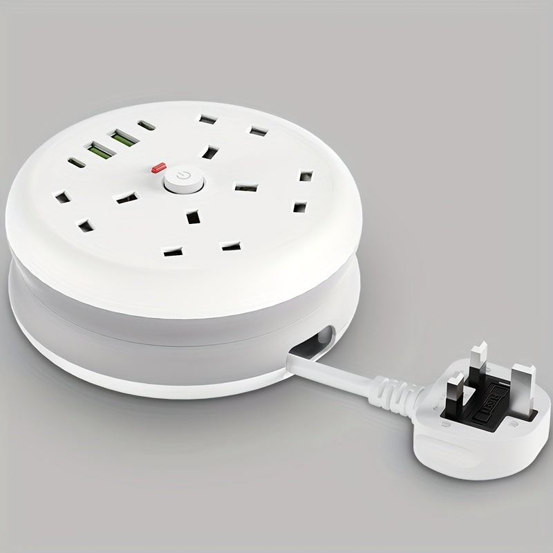 8-in-1 Power Strip Surge Protector/ Power Board/ Extension Socket with 2m Retractable Cord, 3250W, 13A, Portable Power Socket, Overload Protection, 4 AC Power Sockets, 4 USB Ports, Suitable for Home, Kitchen, Office Or Hotel Use.