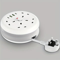 8-in-1 Power Strip Surge Protector/ Power Board/ Extension Socket with 2m Retractable Cord, 3250W, 13A, Portable Power Socket, Overload Protection, 4 AC Power Sockets, 4 USB Ports, Suitable for Home, Kitchen, Office Or Hotel Use.