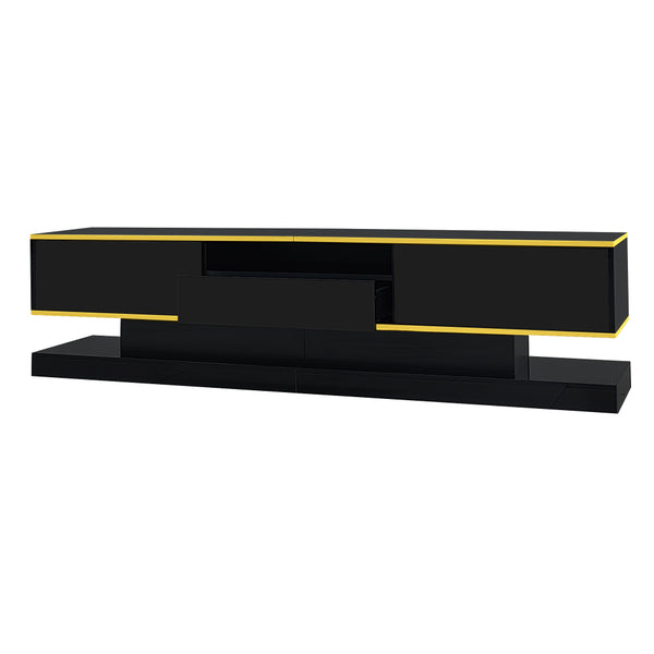 180cm LED TV Stand with 3 Drawers & Open Shelf, High Gloss Modern TV Cabinet with RGB Lights & Gold Trim, PB Board Entertainment Center for Living Room, Gaming & Home Theater - Holds up to 65 Inch TV, Smooth Glide Drawers, Scratch-Resistant, Easy Assembly