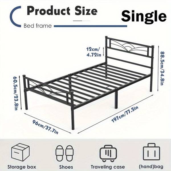 Sleek Black Metal Bed Frame Featuring a Stylish Headboard | Durable Steel Build | Silent Operation | Accommodates Various Mattress Sizes | Perfect for Bedrooms, Dormitories, Or Rental Spaces