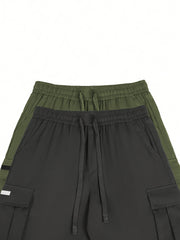 2pcs Men'S Cargo Shorts, Drawstring Waist Multi-Pocket Men'S Shorts