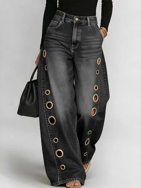 Women's Retro High Elasticity Denim Pants with Metal Circles Design- Long Versatile Jeans for Women, High-waist Trousers, Trendy Womens Clothes for Summer, All Seasons Style, Fabric, Hand Washable, Slim Fit, Suit for Daily Wear