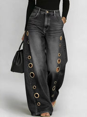 Women's Retro High Elasticity Denim Pants with Metal Circles Design- Long Versatile Jeans for Women, High-waist Trousers, Trendy Womens Clothes for Summer, All Seasons Style, Fabric, Hand Washable, Slim Fit, Suit for Daily Wear