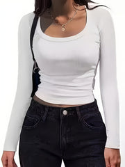 Autumn Winter 3-Pack Y2K Basic Women's T-Shirts, Solid Color Casual Tees, Round Neck Long Sleeve Stretch Sweatshirts, Women's Tops