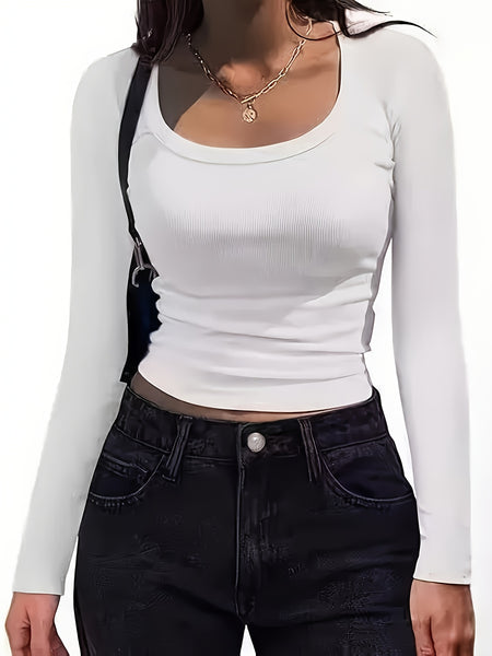 Autumn Winter 3-Pack Y2K Basic Women's T-Shirts, Solid Color Casual Tees, Round Neck Long Sleeve Stretch Sweatshirts, Women's Tops
