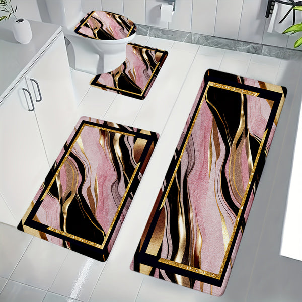 3/4pcs Luxury Pink Black Gilded Marble Bathroom Mats - Non-Slip Soft Flannel Floor Mat with Elegant Marble Pattern, Machine Washable Bath Mat Set for Modern Home Decor, Decorative Mat, Stylish Mat