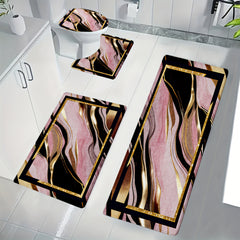3/4pcs Luxury Pink Black Gilded Marble Bathroom Mats - Non-Slip Soft Flannel Floor Mat with Elegant Marble Pattern, Machine Washable Bath Mat Set for Modern Home Decor, Decorative Mat, Stylish Mat