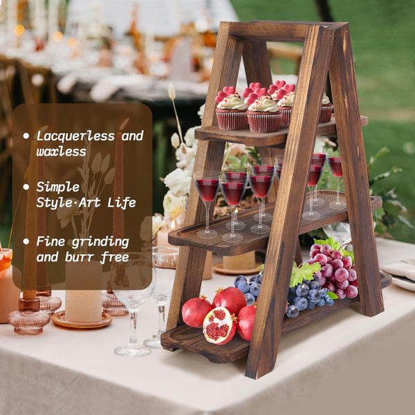 Wooden Double Dessert Table Display Set Rack 3 Tier Serving Tray Solid Wood Ladder Stand Wedding Cupcake Stand Dark Walnut Decorative Tray for Cake Snack Fruit Chips Bread Centerpieces