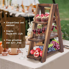 Wooden Double Dessert Table Display Set Rack 3 Tier Serving Tray Solid Wood Ladder Stand Wedding Cupcake Stand Dark Walnut Decorative Tray for Cake Snack Fruit Chips Bread Centerpieces