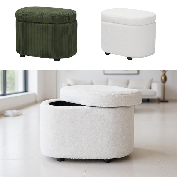 1pc Plush Teddy Round Upholstered Storage Ottoman Stool - 60x40x45cm Lidded Footrest with Hidden Storage Space | Multi-Functional Shoe Changing Bench for Living Room, Bedroom & Entryway | 3cm Black Plastic Legs (Green/White)