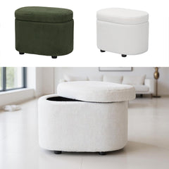 1pc Plush Teddy Round Upholstered Storage Ottoman Stool - 60x40x45cm Lidded Footrest with Hidden Storage Space | Multi-Functional Shoe Changing Bench for Living Room, Bedroom & Entryway | 3cm Black Plastic Legs (Green/White)
