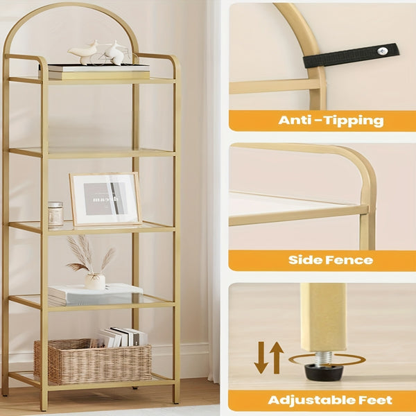Bookcase Bookshelf, Tempered Glass Bookshelves, Slim Shelving Unit for Bedroom, Bathroom, Home Office, Steel Frame, 5 Tier Golden