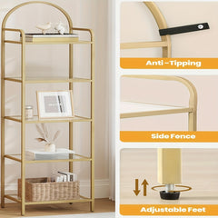 Bookcase Bookshelf, Tempered Glass Bookshelves, Slim Shelving Unit for Bedroom, Bathroom, Home Office, Steel Frame, 5 Tier Golden