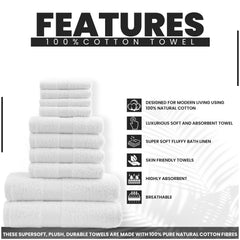 10pcs Towel Bale Set | Luxurious 100% Cotton Towels Family Pack | Quick-Drying, Highly Absorbent & Ultra-Soft Fabric | Includes 4 Face Towels, 4 Hand Towels, 2 Bath Towels | Available in 16 Elegant Colours | Ideal for Home, Gym, Spa, or Beach Use | Durabl