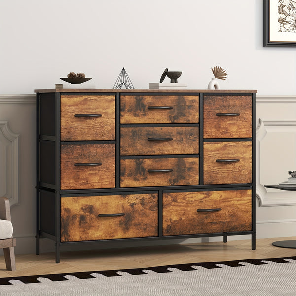 Stylish Large 9 Drawers Dresser with Durable Metal Frame, Scratch-Resistant MDF Top, And Spacious Fabric Drawers - Tall Chest Of DrawersPerfect for Elegant Bedroom, Cozy Living Room Or Functional Office Use