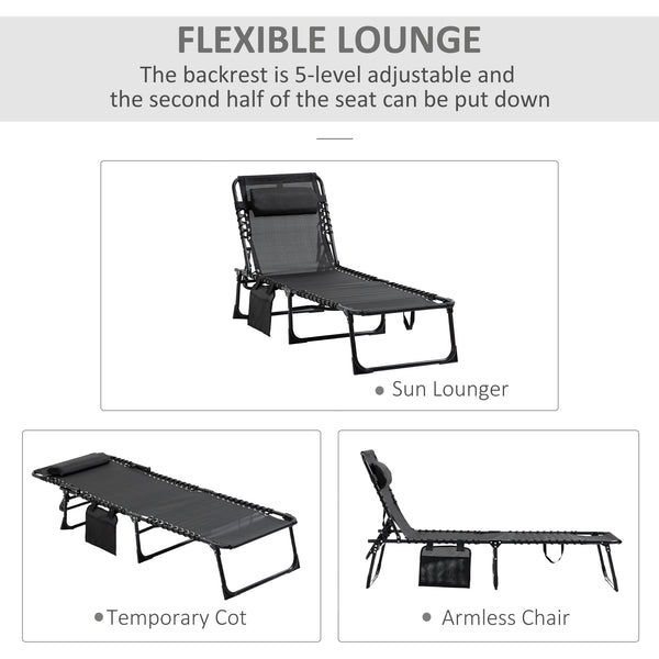 Portable Sun Lounger, Folding Camping Bed with Side Pocket and Pillow for Patio