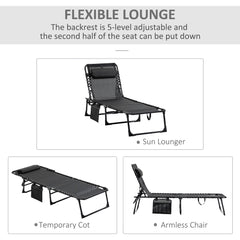 Portable Sun Lounger, Folding Camping Bed with Side Pocket and Pillow for Patio