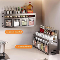 Double Layer Aluminum Spice Rack Condiment Rack, Wall-Mounted No-Drill Kitchen Organizer with 4-Drawer Spice Jars, Condiment Holder Set, Grey