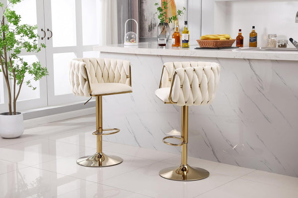 Set of 2 x Velvet Woven Upholstered Adjustable High Swivel Breakfast Bar Pub Home Stool Chair With Gold Metal base & Gas Lift (Cream/Gold)