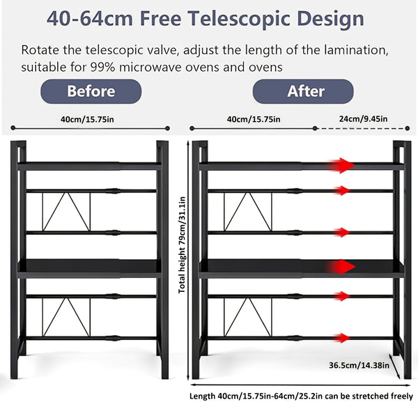 2/3-tier Expandable Microwave Oven Rack Countertop with 4 Hooks, Includes A Chopstick Holder, Cutting Board Holder, And 3 Towels. Kitchen Storage And Organization; Adjustable From 40-64cm; Suitable for All Kitchens (black, White).